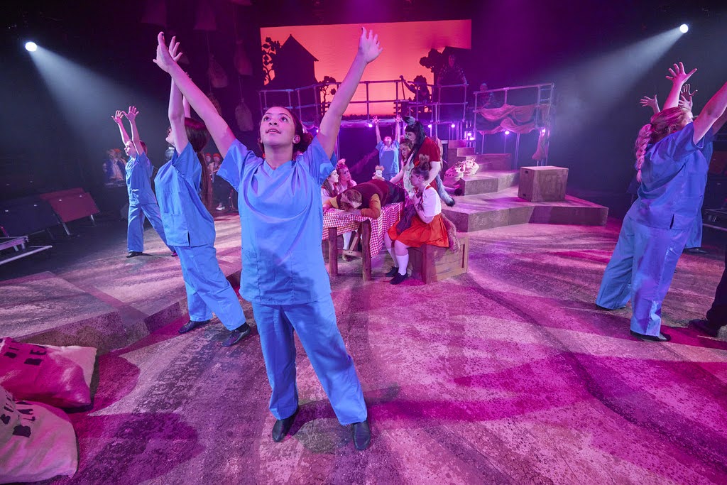 Nine students performing Fantastic Mr Fox in the Lincoln Arts Centre