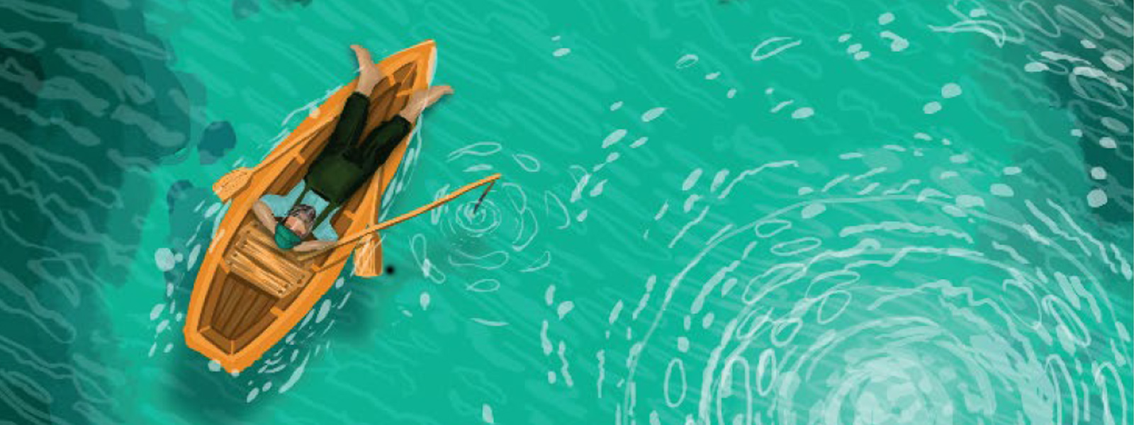 An illustration of a man in a boat on water