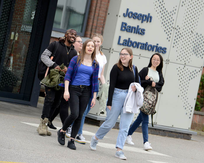 A group on students walking around the campus
